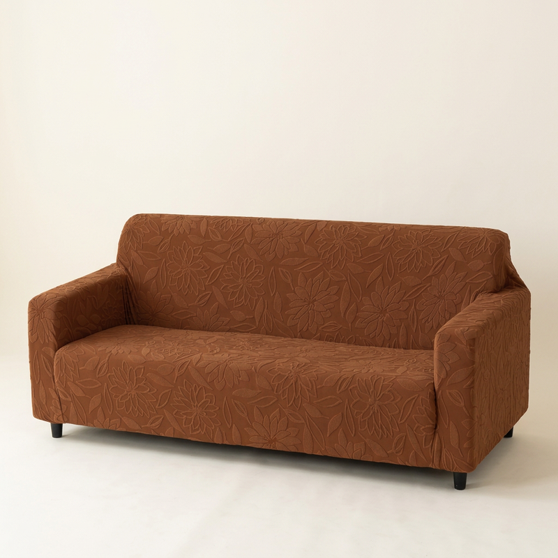 Premium 3 Seater Sofa Cover - Knitted Jacquard, Floral Textured Elastic Slipcover (Dark Brown)
