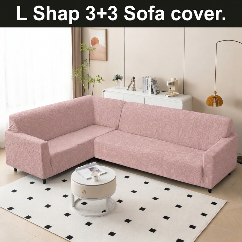 Pink sofa cover daylight view with 3+3 text