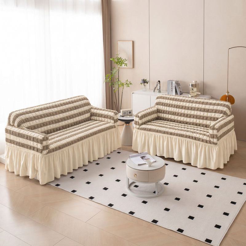 Brown beige striped frill 3+2 sofa cover set front view