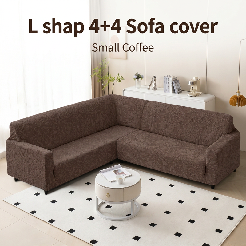 Coffee knitted sofa cover 4+4 hero styling illustration