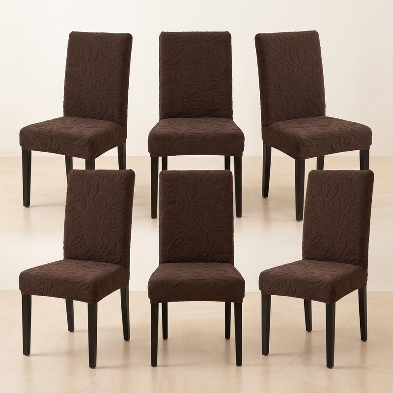 Premium 6 Seater Chair Cover Set - Coffee, 220 GSM Knitted Floral Jacquard