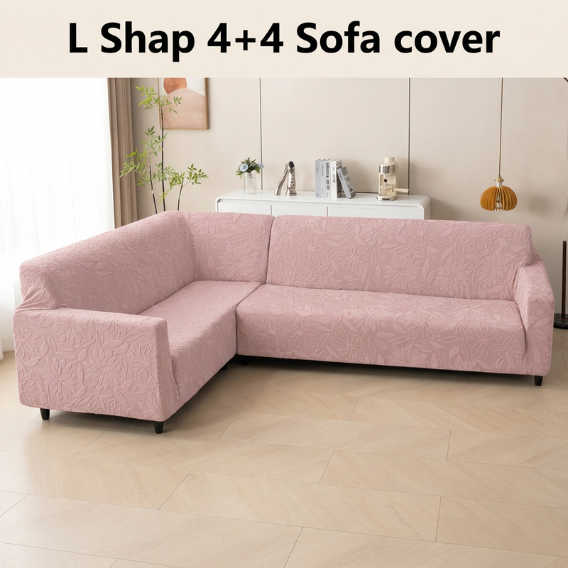L Shape 4+4 Sofa Cover Set - 280 GSM Knitted Jacquard Floral (Pink)