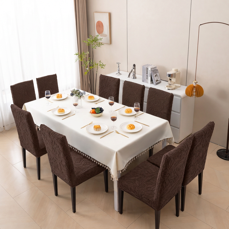 Premium 8 Seater Chair Cover Set - Coffee, 220 GSM Knitted Floral Jacquard