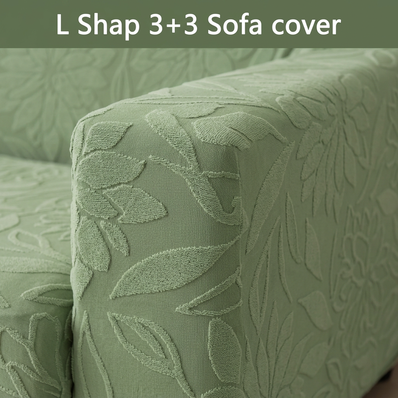 Green 3+3 sofa cover armrest texture close-up