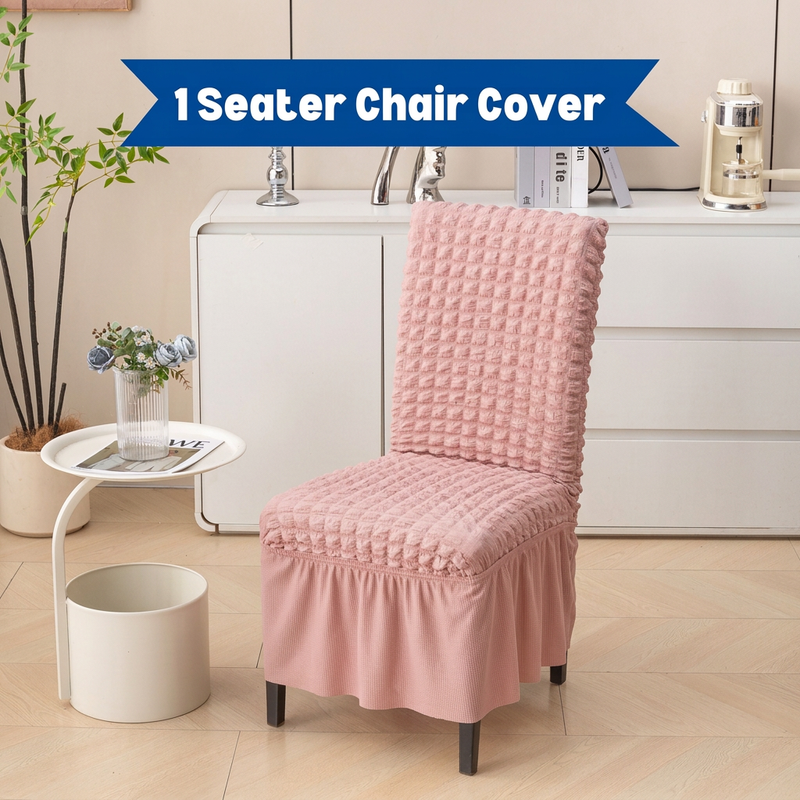 Pink bubble-textured chair cover with frill, generated colour preview