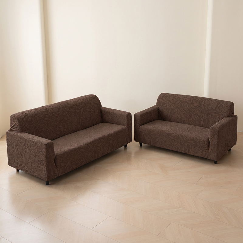 Premium 3+2 Seater Sofa Cover Set - Knitted Jacquard, Floral Textured Elastic Slipcovers (Coffee)