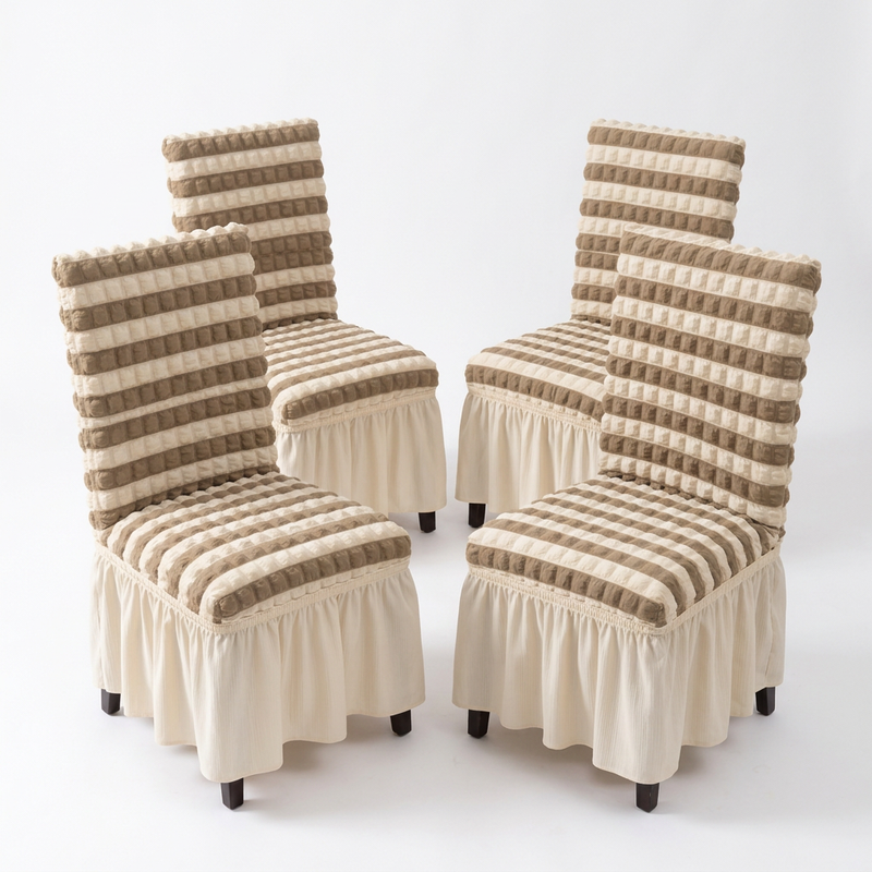 Pack of 4 taupe and ivory striped chair covers studio view