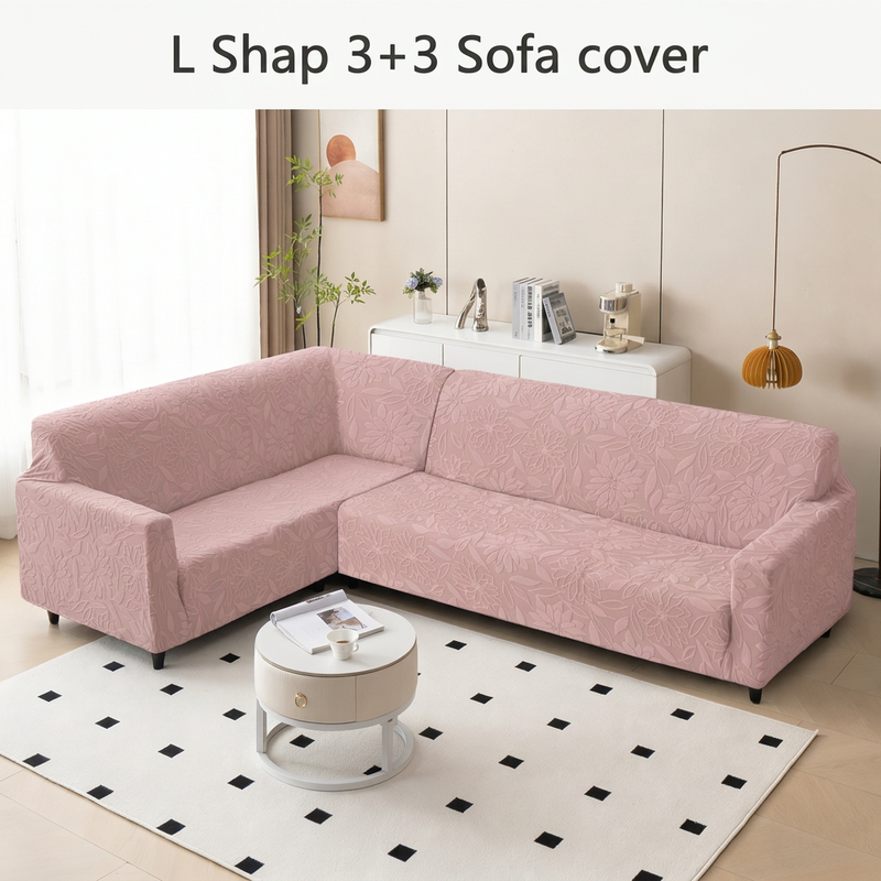 L Shape 3+3 Sofa Cover Set - 280 GSM Knitted Jacquard Floral (Pink)