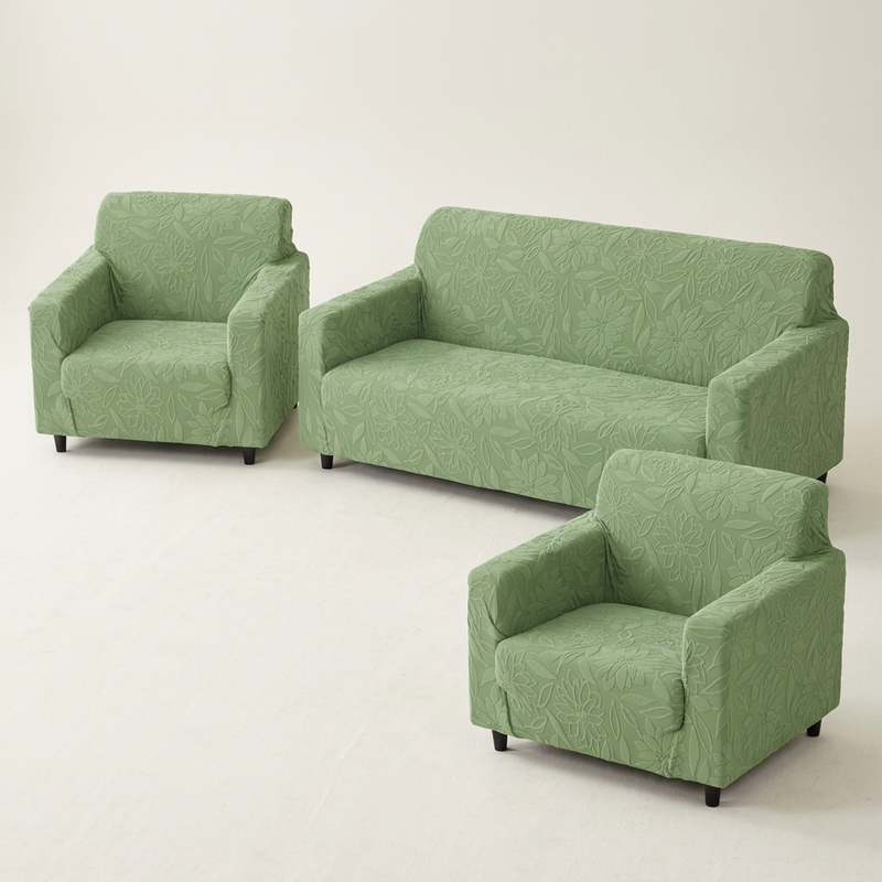 Premium 3+1+1 Seater Sofa Cover Set - Knitted Jacquard, Floral Textured Elastic Slipcovers (Green)