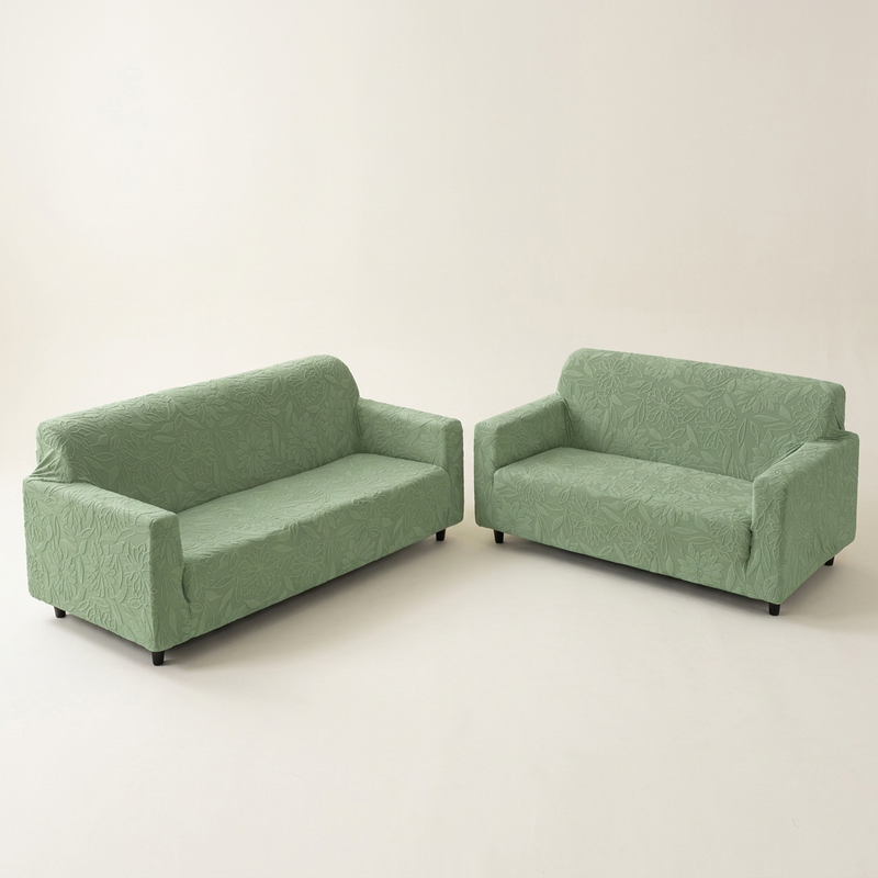 Premium 3+2 Seater Sofa Cover Set - Knitted Jacquard, Floral Textured Elastic Slipcovers (Green)