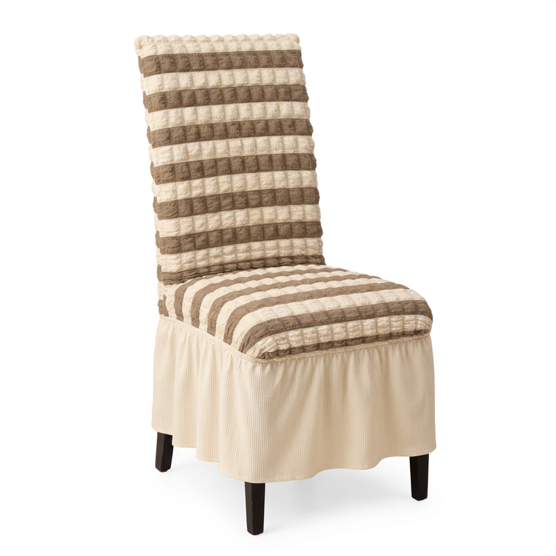 Beige-Brown striped chair cover with ivory frill, pack of 1, studio view