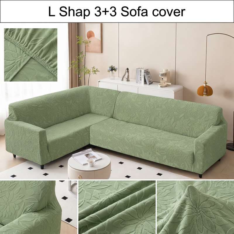 Green L shape sofa cover styling with L Shap 3+3 Sofa cover text