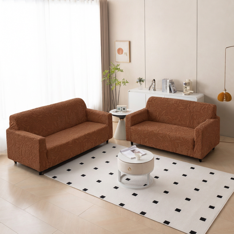 Premium 3+2 Seater Sofa Cover Set - Knitted Jacquard, Floral Textured Elastic Slipcovers (Dark Brown)