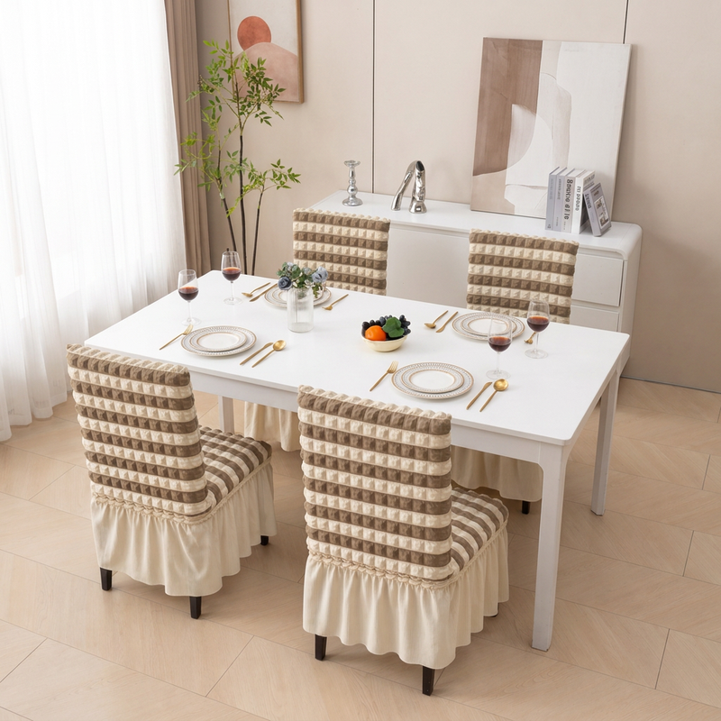 Pack of 4 taupe and ivory chair covers dining room view