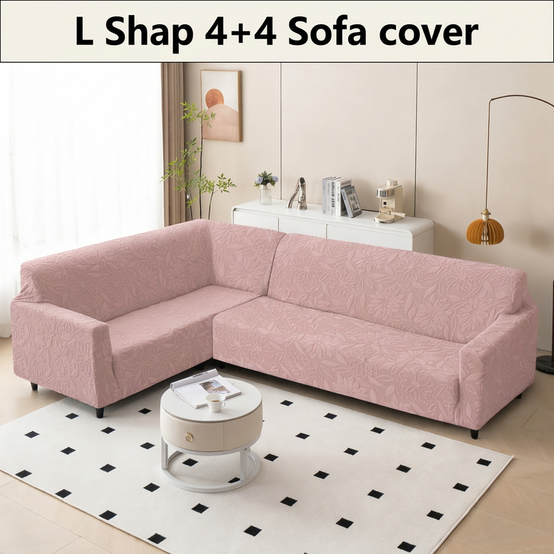 Pink L shape sofa cover styling with L Shap 4+4 Sofa cover text