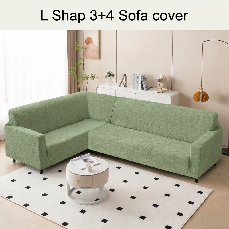 L Shape 3+4 Sofa Cover Set - 280 GSM Knitted Jacquard Floral (Green)