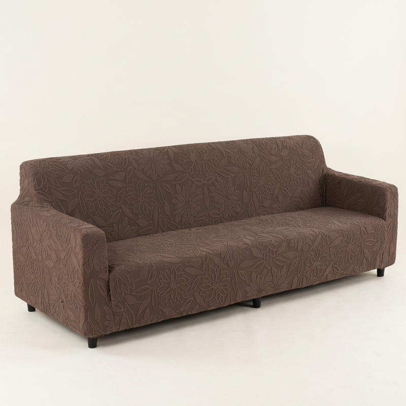 Premium 4 Seater Sofa Cover - Knitted Jacquard, Floral Textured Elastic Slipcover (Coffee)