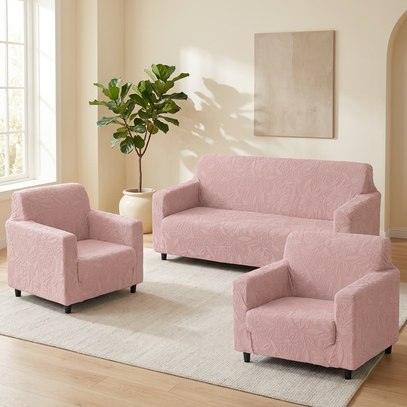 Premium 3+1+1 Seater Sofa Cover Set - Knitted Jacquard, Floral Textured Elastic Slipcovers (Pink)