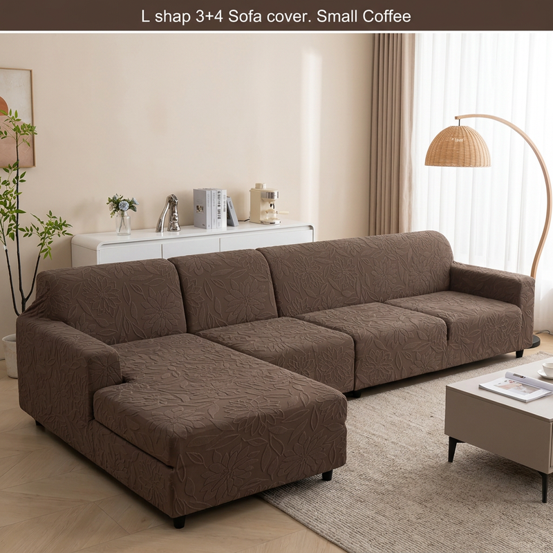 Premium L Shape 3+4 Sofa Cover Set - 280 GSM Knitted Jacquard Floral Texture (Coffee)