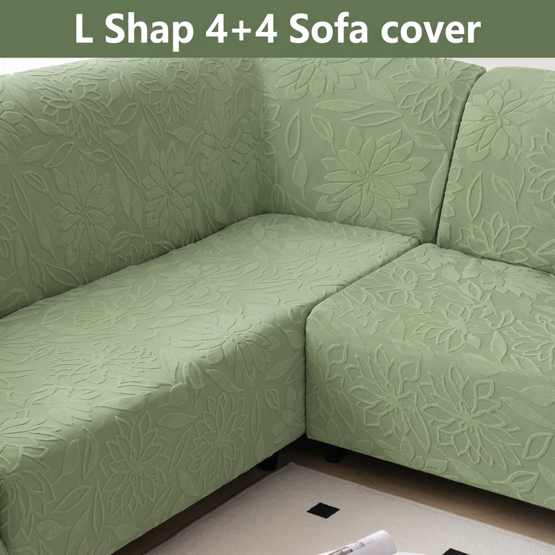 Green 4+4 sofa cover seat floral fabric detail
