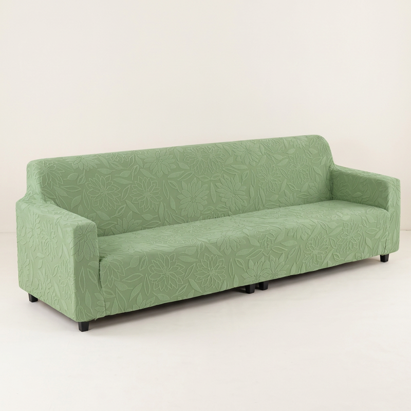Premium 4 Seater Sofa Cover - Knitted Jacquard, Floral Textured Elastic Slipcover (Green)