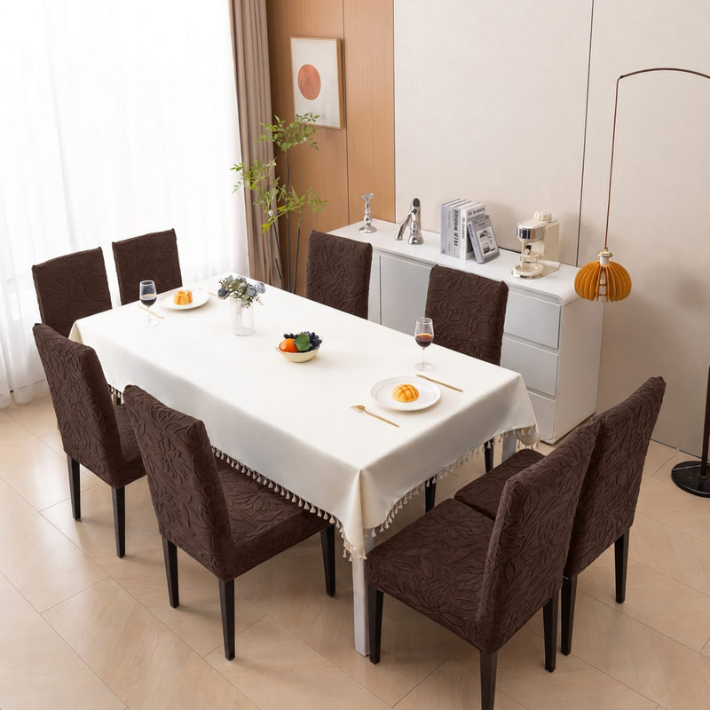 Premium 8 Seater Chair Cover Set - Coffee, 220 GSM Knitted Floral Jacquard