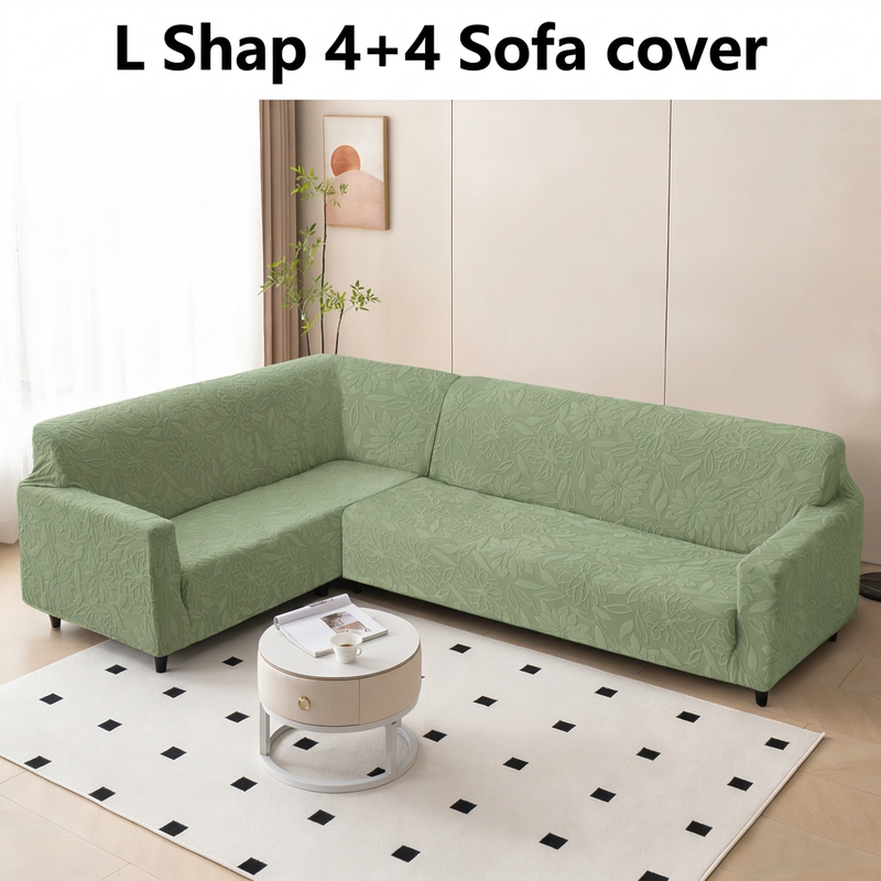 L Shape 4+4 Sofa Cover Set - 280 GSM Knitted Jacquard Floral (Green)