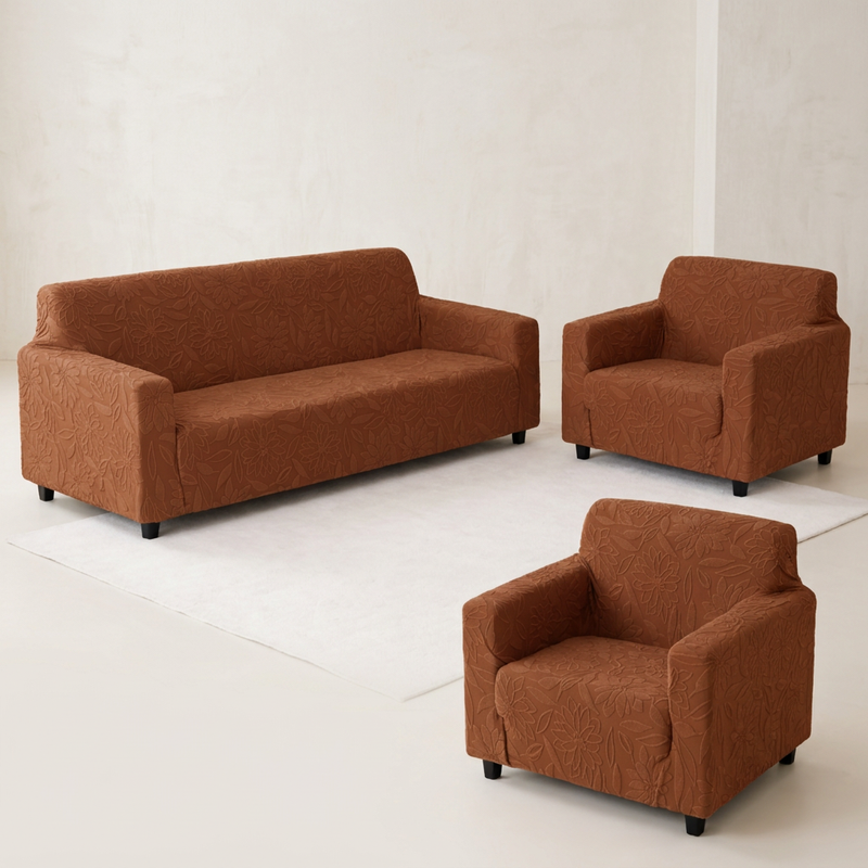 Premium 3+1+1 Seater Sofa Cover Set - Knitted Jacquard, Floral Textured Elastic Slipcovers (Dark Brown)