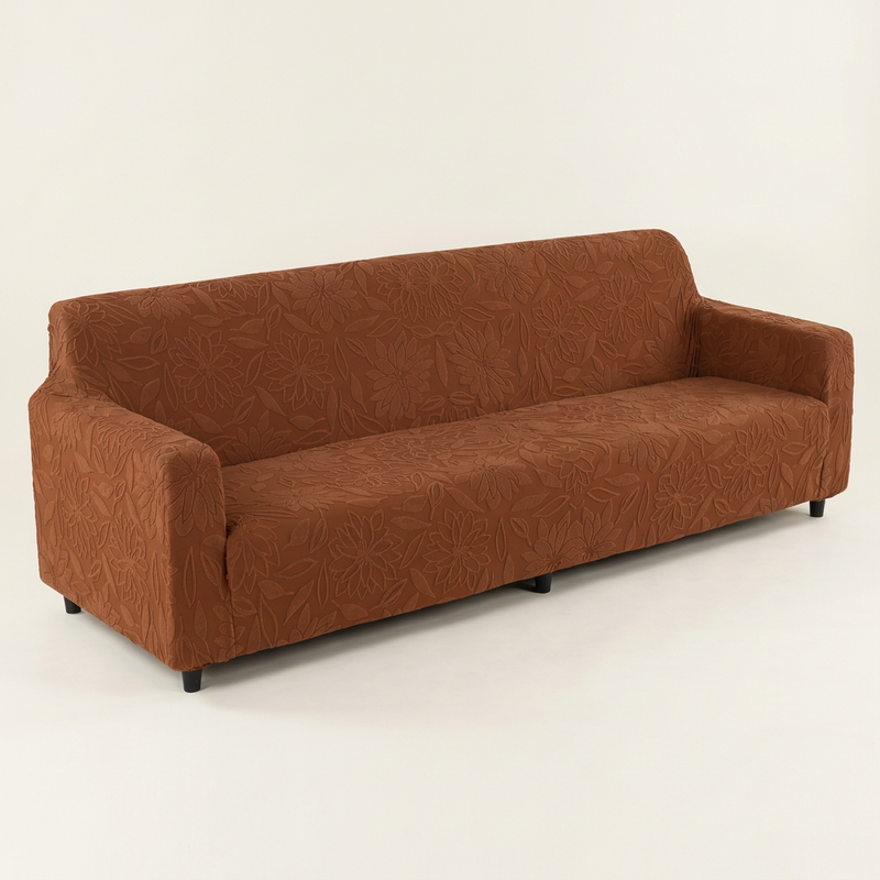 Premium 4 Seater Sofa Cover - Knitted Jacquard, Floral Textured Elastic Slipcover (Dark Brown)
