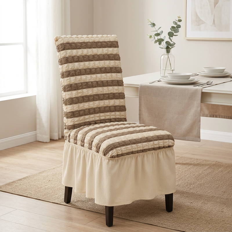 Beige-Brown striped chair cover with frill in a dining room
