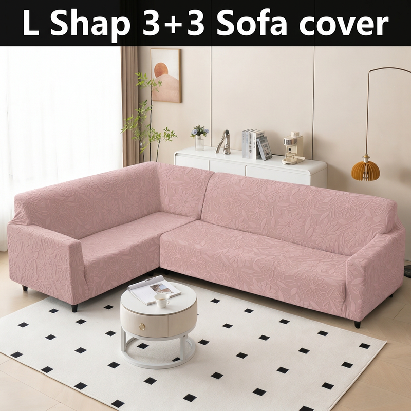 Pink floral L shape sofa cover with L Shap 3+3 Sofa cover text