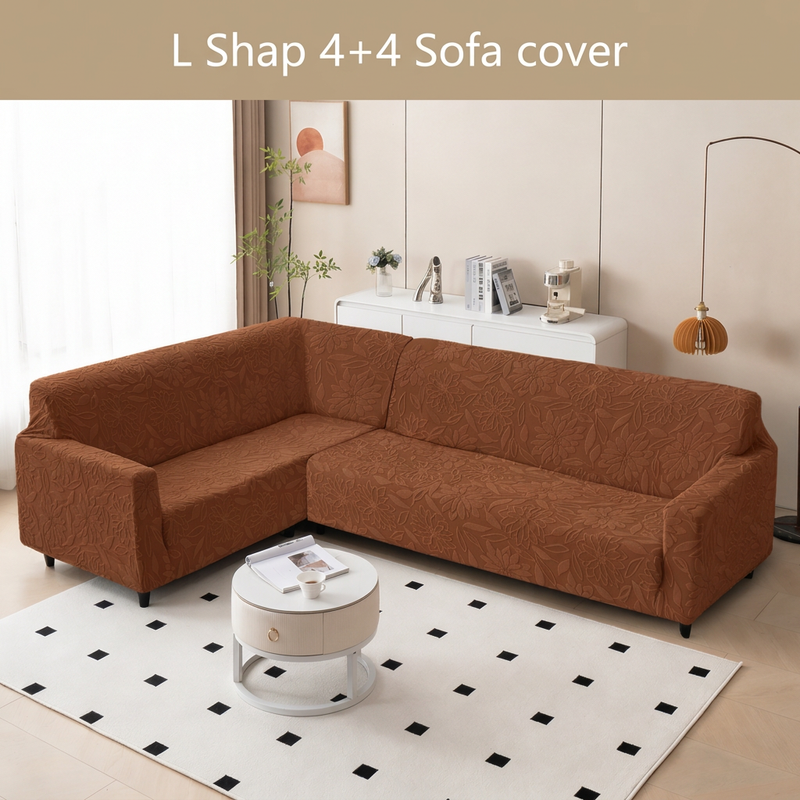 L Shape 4+4 Sofa Cover Set - 280 GSM Knitted Jacquard Floral (Dark Brown)