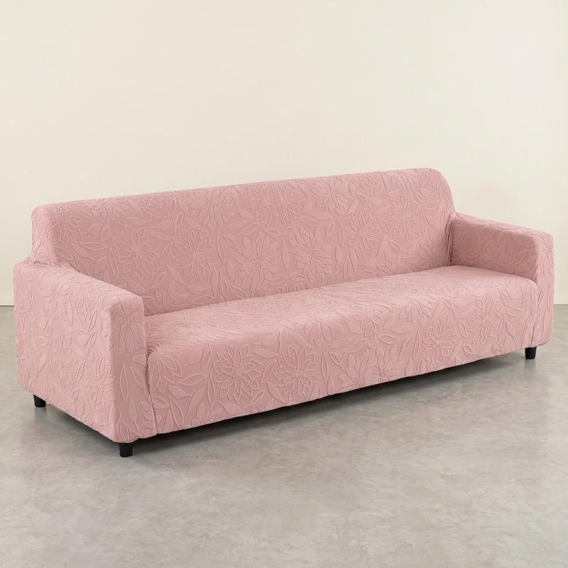 Premium 4 Seater Sofa Cover - Knitted Jacquard, Floral Textured Elastic Slipcover (Pink)