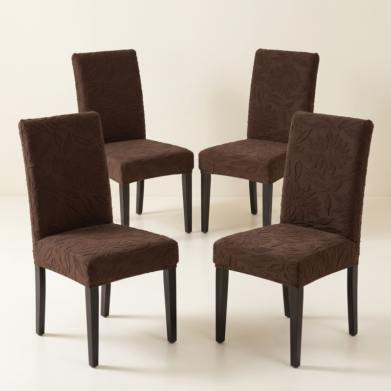 Premium 4 Seater Chair Cover Set - Coffee, 220 GSM Knitted Floral Jacquard