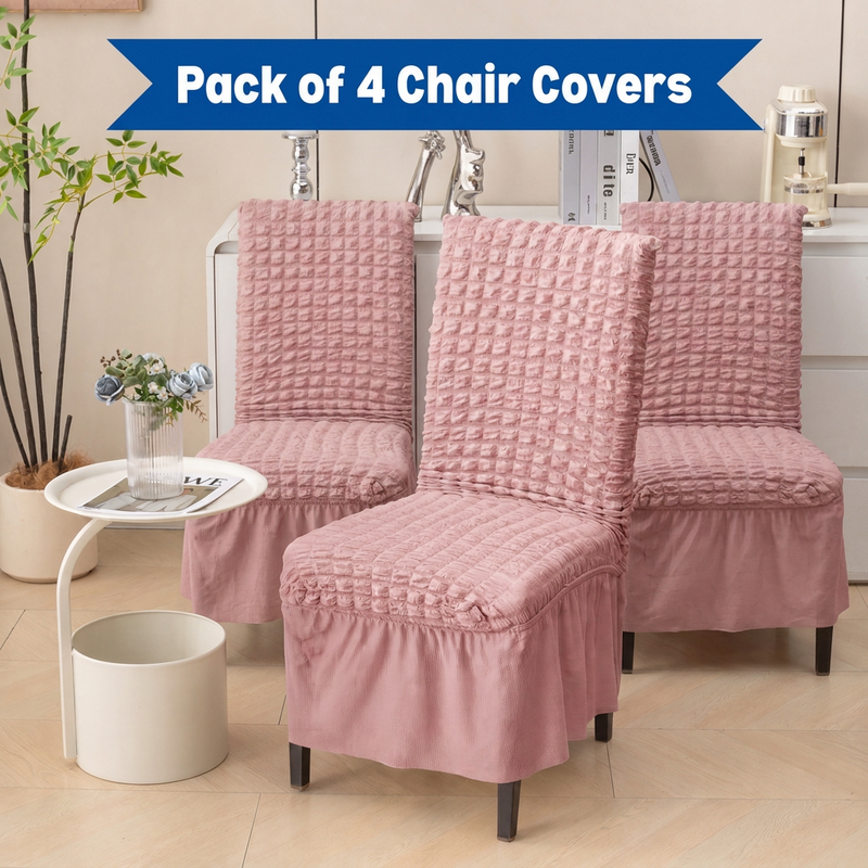Premium 1 Seater Chair Cover with Frill - 280 GSM Bubble Textured Elastic Slipcover (Pink, Pack of 4)