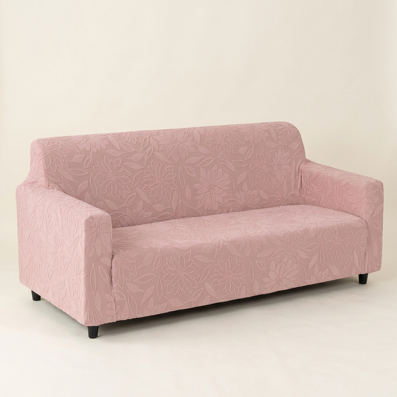 Premium 3 Seater Sofa Cover - Knitted Jacquard, Floral Textured Elastic Slipcover (Pink)
