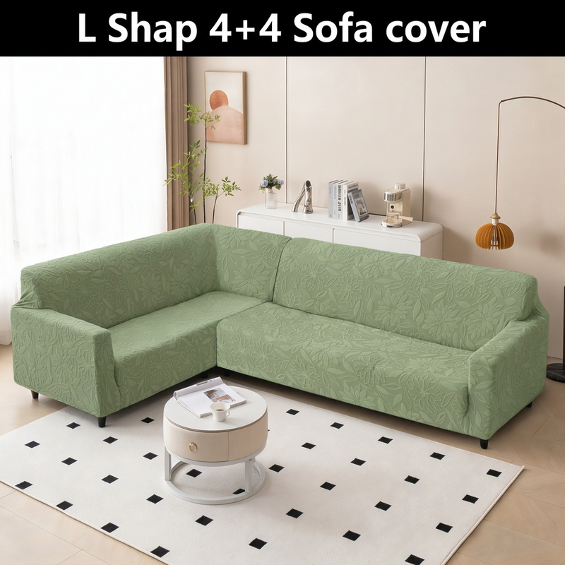 Green L shape sofa cover styling with L Shap 4+4 Sofa cover text