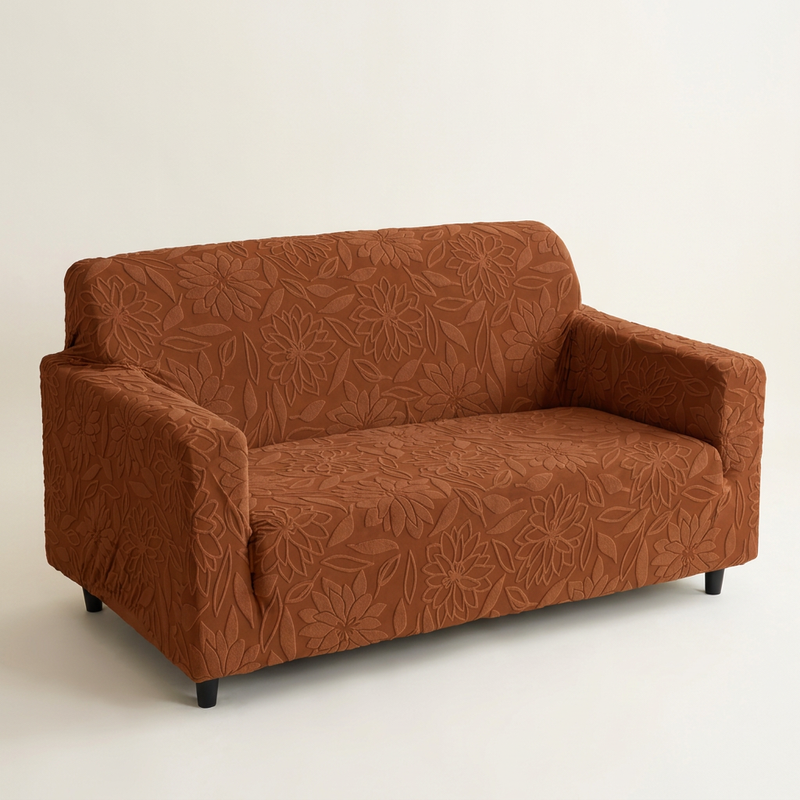 Premium 2 Seater Sofa Cover - Knitted Jacquard, Floral Textured Elastic Slipcover (Dark Brown)