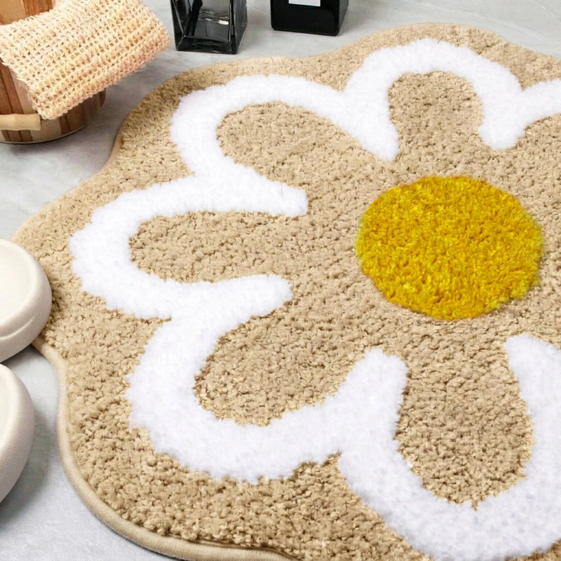 MAGICAL Premium Super-Soft Daisy Flower Shape Anti-Skid Bath Mat (Beige)