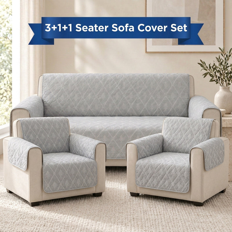 Digital Grey & White Leaf Print Quilted Sofa Cover Set with Side Pocket – 3+1+1 Seater