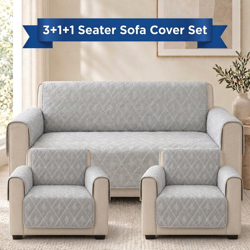 Digital Grey & White Leaf Print Quilted Sofa Cover Set with Side Pocket – 3+1+1 Seater