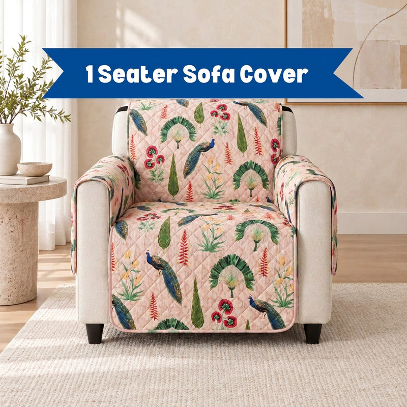 Digital Peacock & Floral Print Quilted Sofa Cover with Side Pocket – 1 Seater