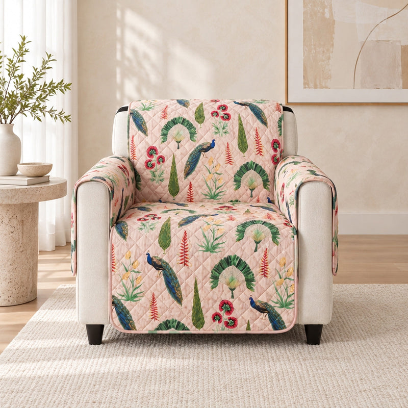 Digital Peacock & Floral Print Quilted Sofa Cover with Side Pocket – 1 Seater