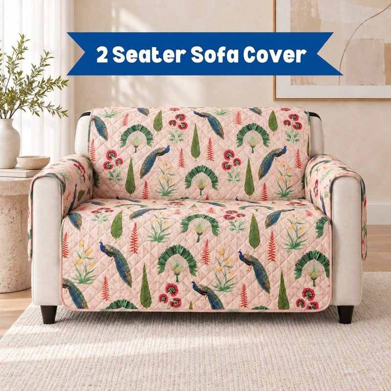 Digital Peacock & Floral Print Quilted Sofa Cover with Side Pocket – 2 Seater