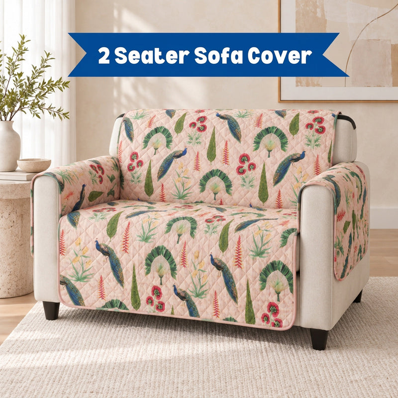 Digital Peacock & Floral Print Quilted Sofa Cover with Side Pocket – 2 Seater