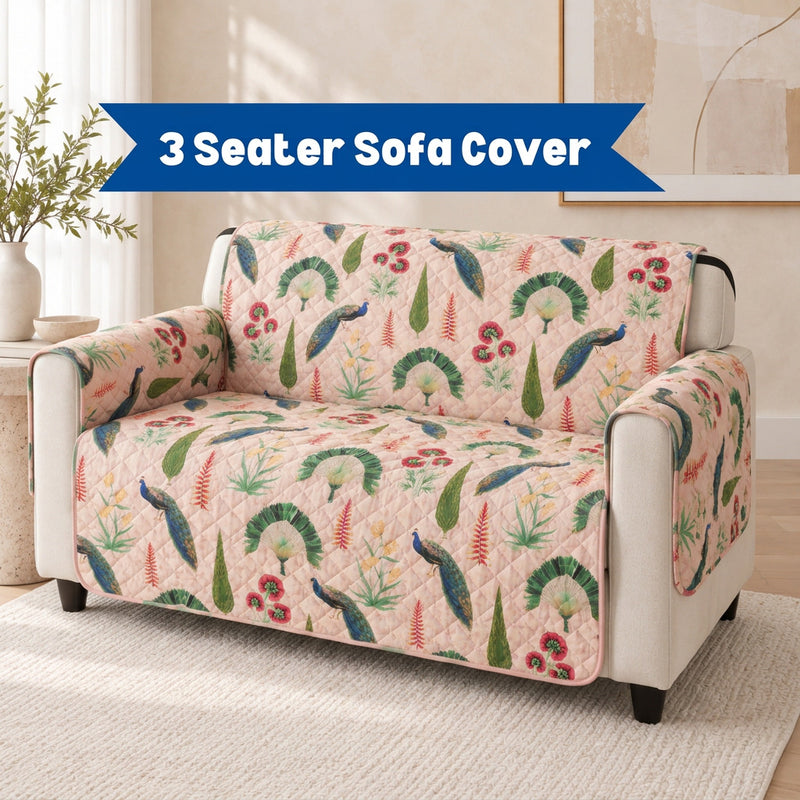 Digital Peacock & Floral Print Quilted Sofa Cover with Side Pocket – 3 Seater