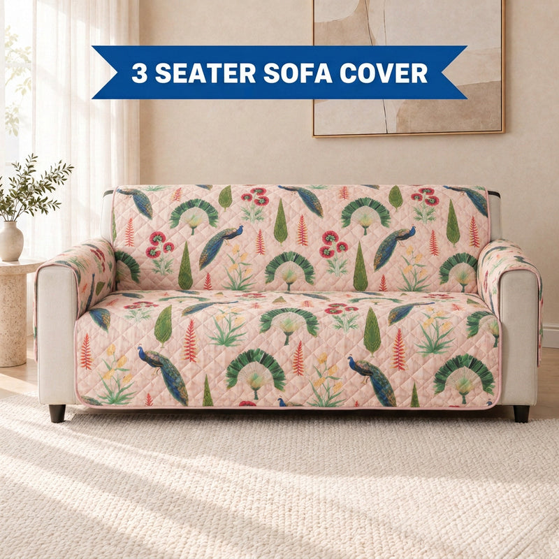 Digital Peacock & Floral Print Quilted Sofa Cover with Side Pocket – 3 Seater