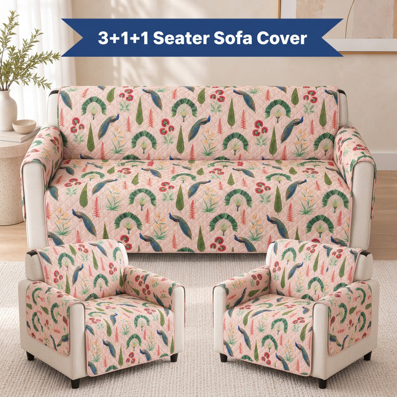 Digital Peacock & Floral Print Quilted Sofa Cover Set with Side Pocket – 3+1+1 Seater