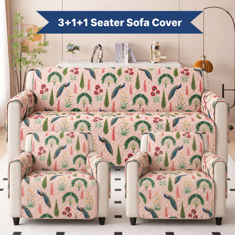 Digital Peacock & Floral Print Quilted Sofa Cover Set with Side Pocket – 3+1+1 Seater