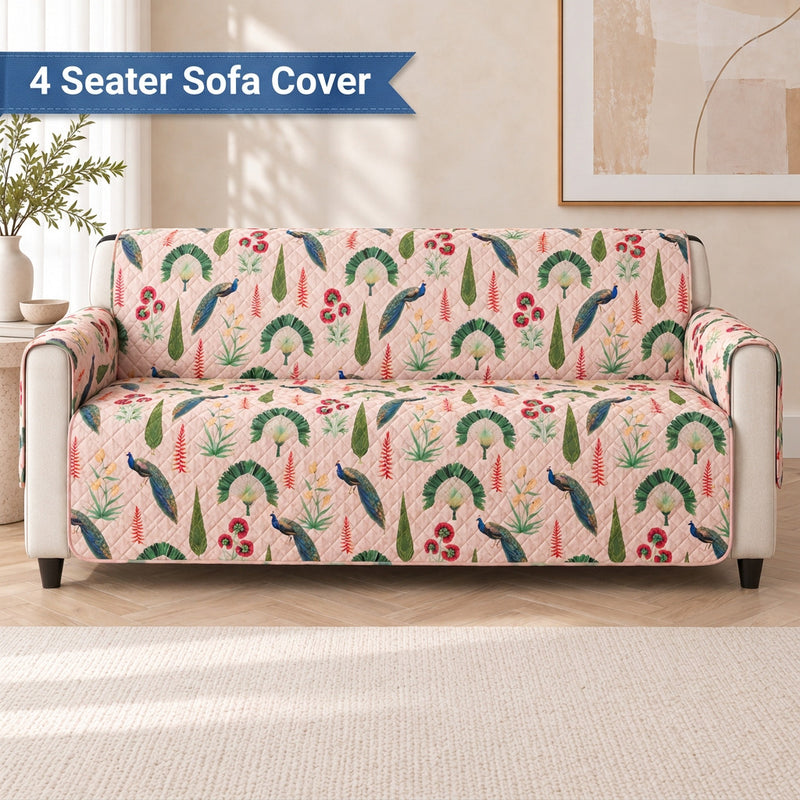Digital Peacock & Floral Print Quilted Sofa Cover with Side Pocket – 4 Seater